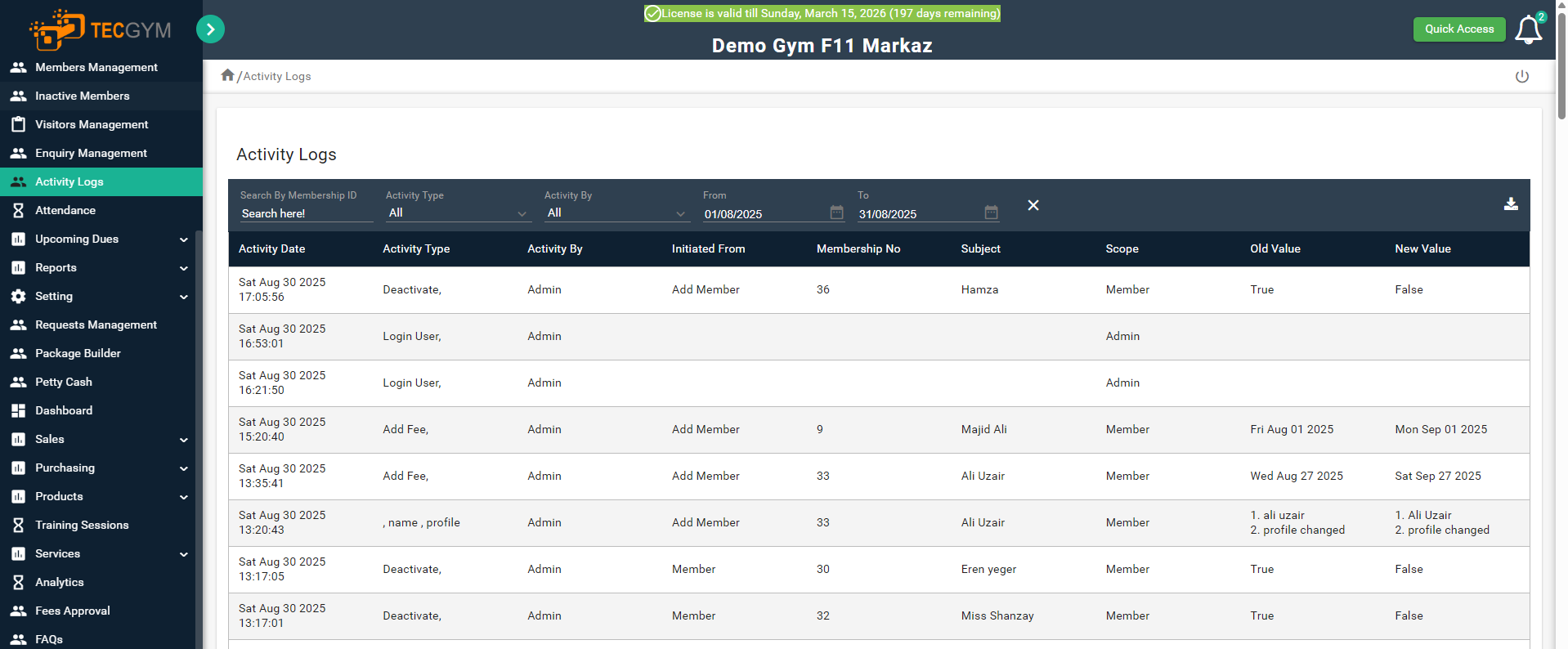 TecGym Activity Log and User Tracking Software