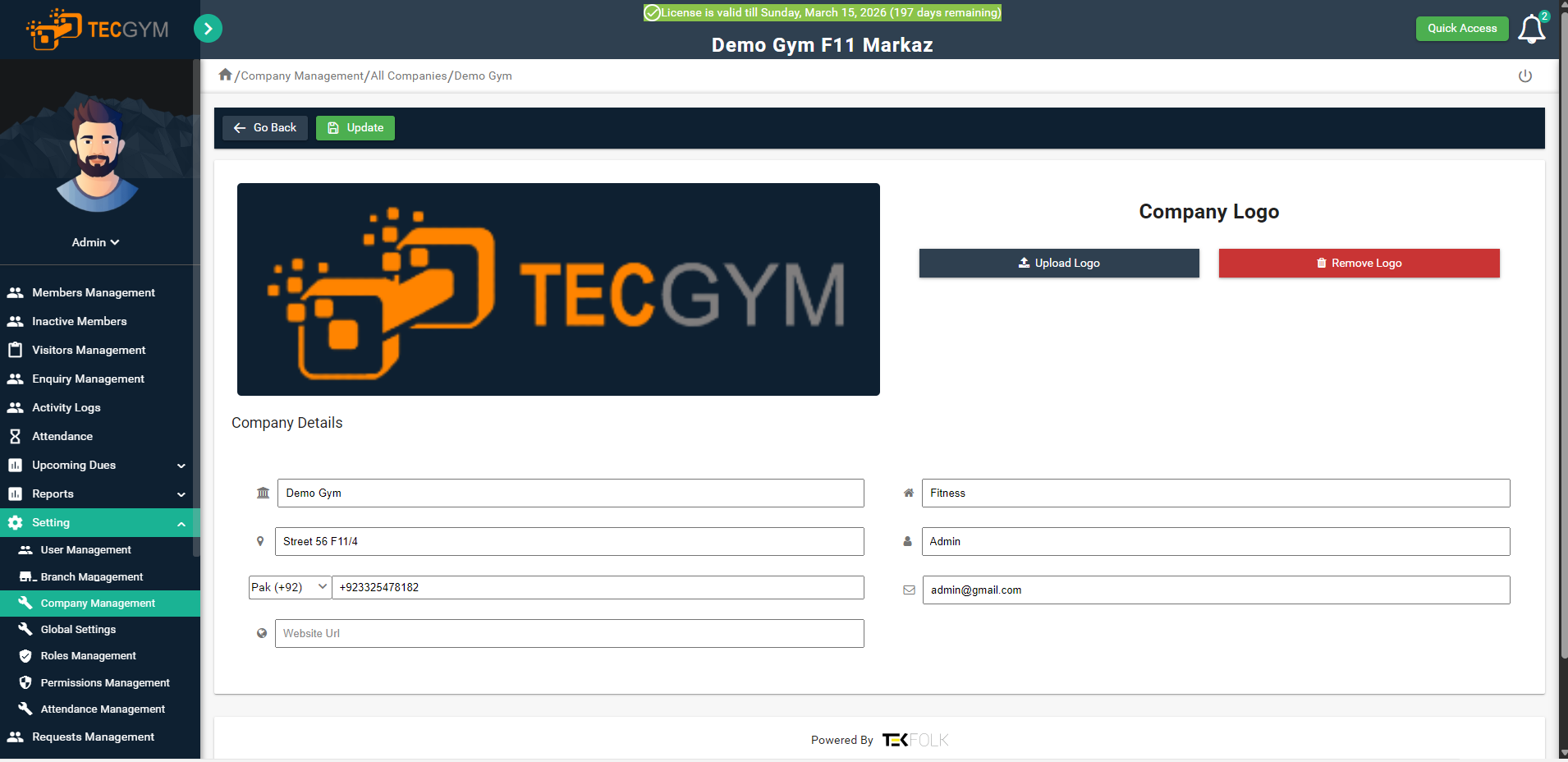 TecGym Company Management and Administration Software
