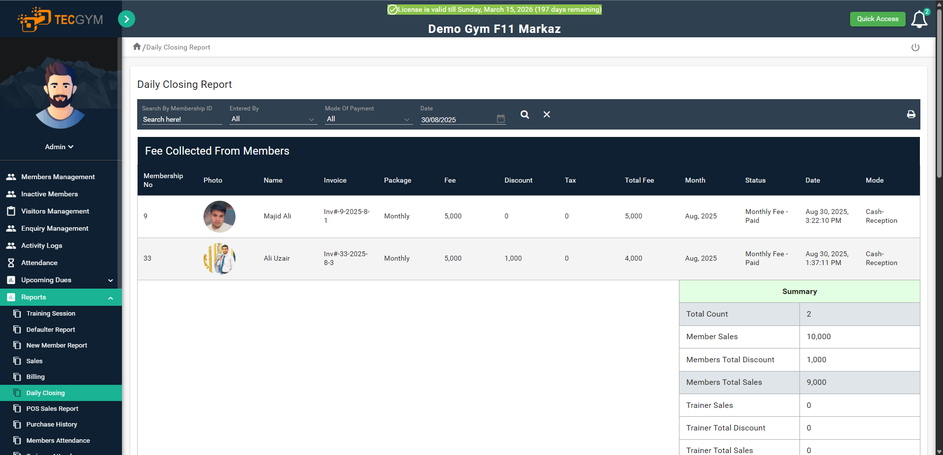 TecGym Daily Closing and Cash Management Report Software