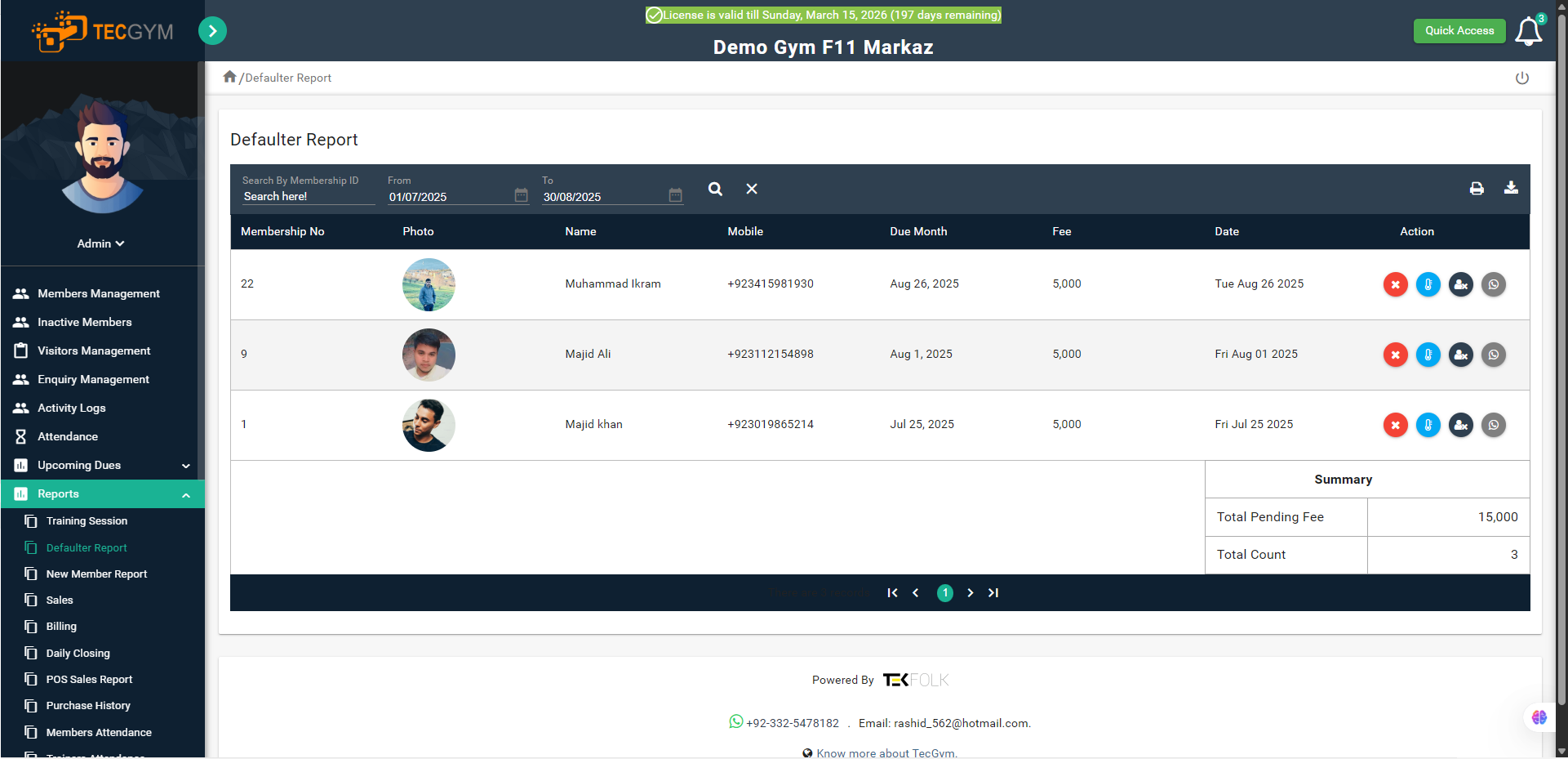 TecGym Defaulter Report and Fee Recovery Software
