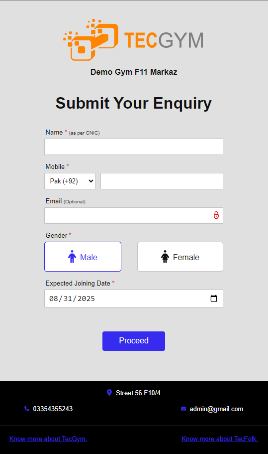 TecGym Public Enquiry and Lead Management Page