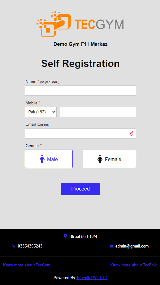 TecGym Online Member Registration Page for Gyms
