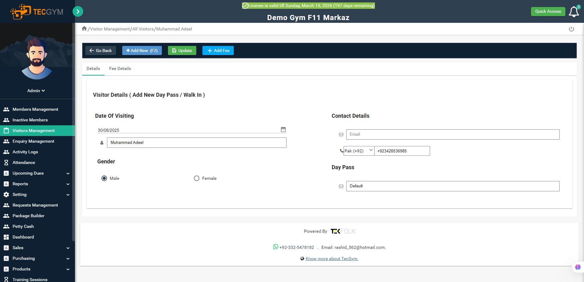 TecGym Visitor Details and Records Management Software