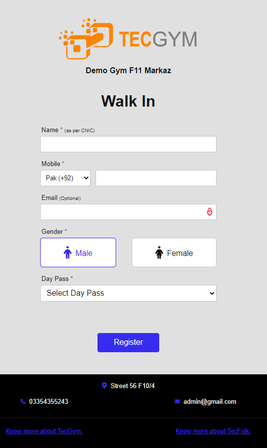 TecGym Visitor Registration and Tracking Page